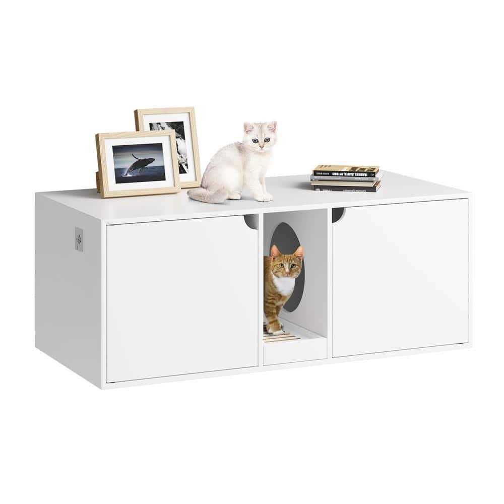 FUFU&GAGA White Wood Side End Table Cat Litter Box with Double Room