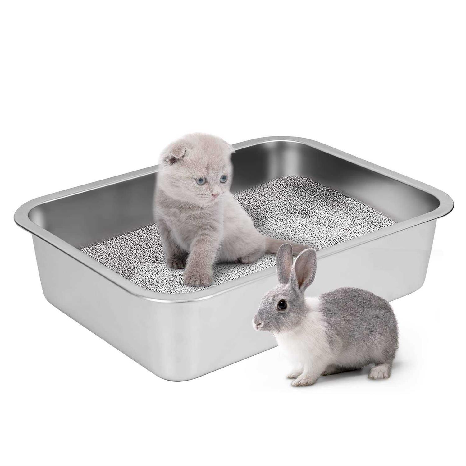 IKITCHEN Stainless Steel Cat Litter Box Small Low Entry Open Metal Litter Pan for Kittens Newborn Cats Rabbits