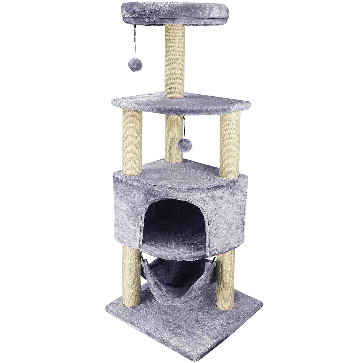 HUITREE Cat Tree with Scratching Post and Hanging Bedgrey