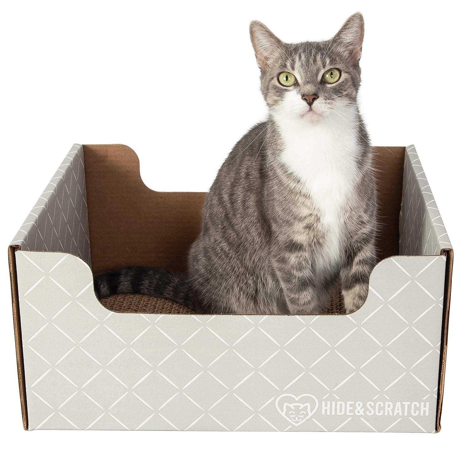 Hide & Scratch Extra-Large Heavy Duty Cardboard Cat Scratcher and Lounger Box with Refillable Scratch Pad