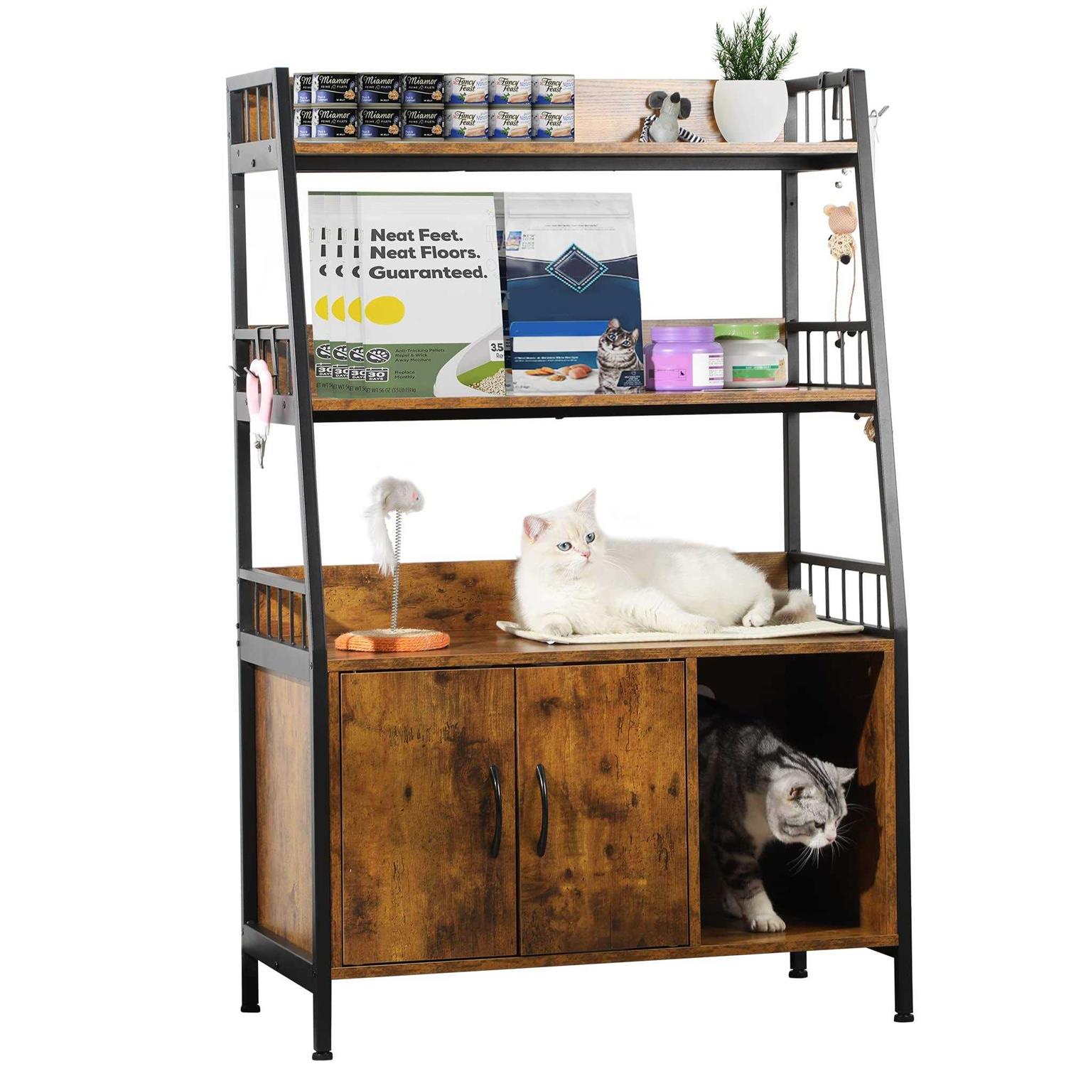 YITAHOME Cat Litter Box Enclosure with Storage Shelves Indoor Large Litter Box Furniture Wooden Hidden Cat Cabinet Washroom