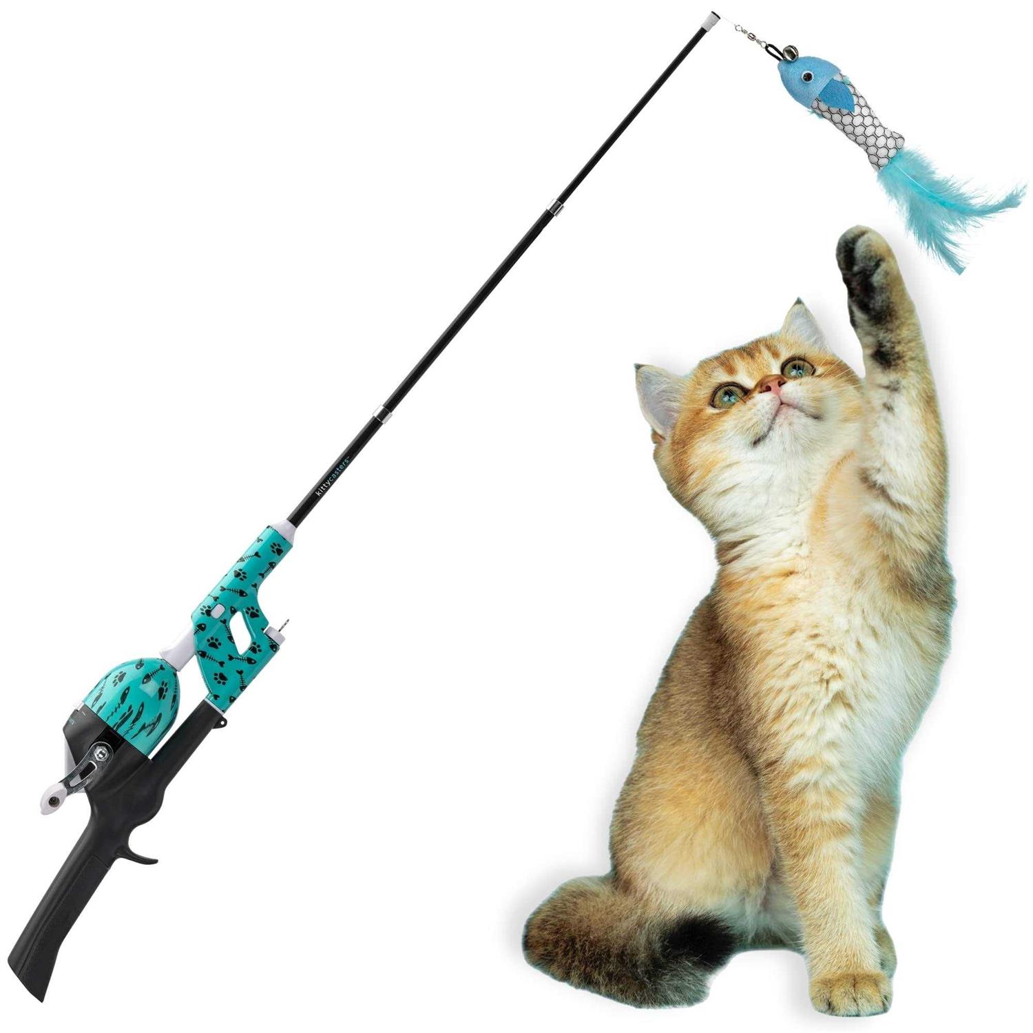 Kid Casters Cat Caster Fishing Pole Toy Tangle Free Retractable & Easy to Store. Includes Two Interchangeable Teaser Toys
