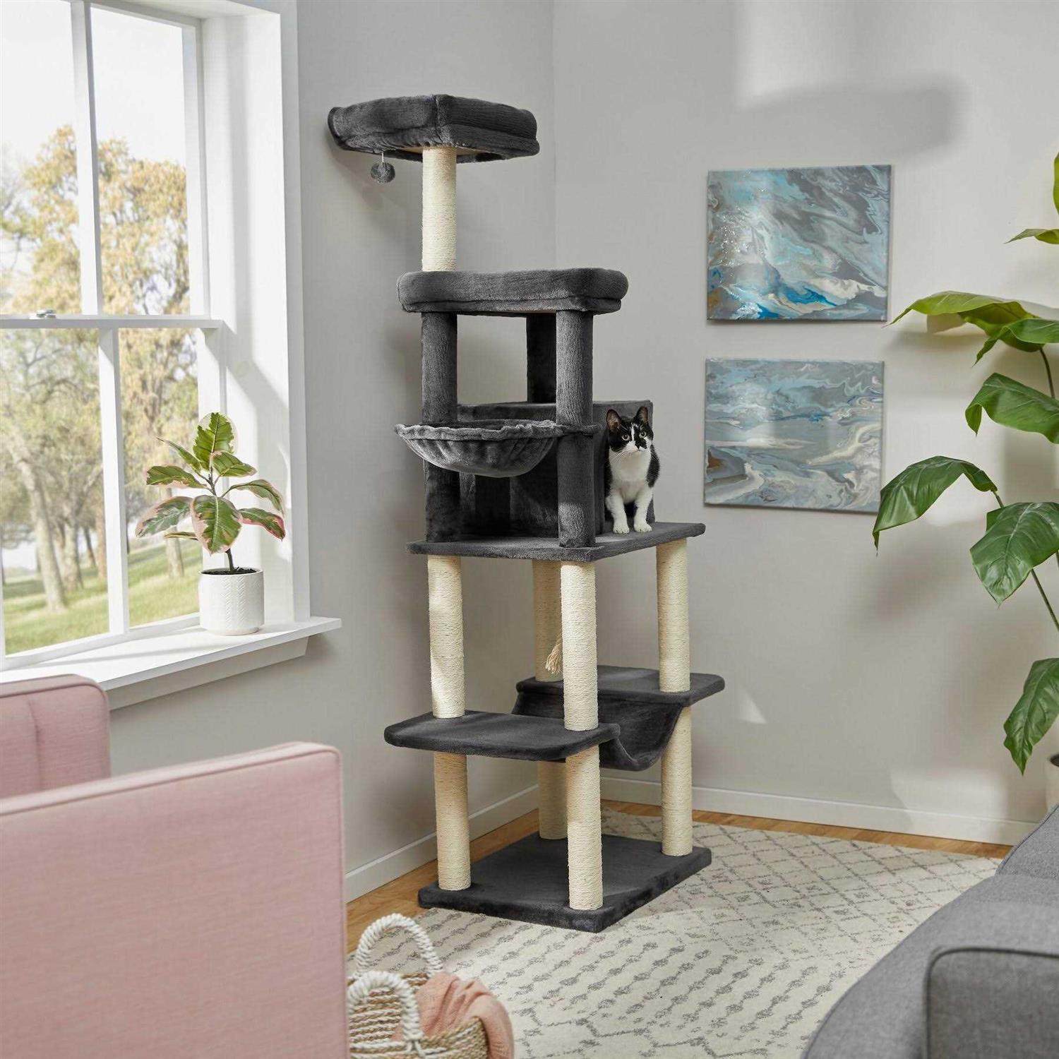 Frisco 73-in Cat Tree with Hammock Condo Lounge Basket Top Perch and Bed