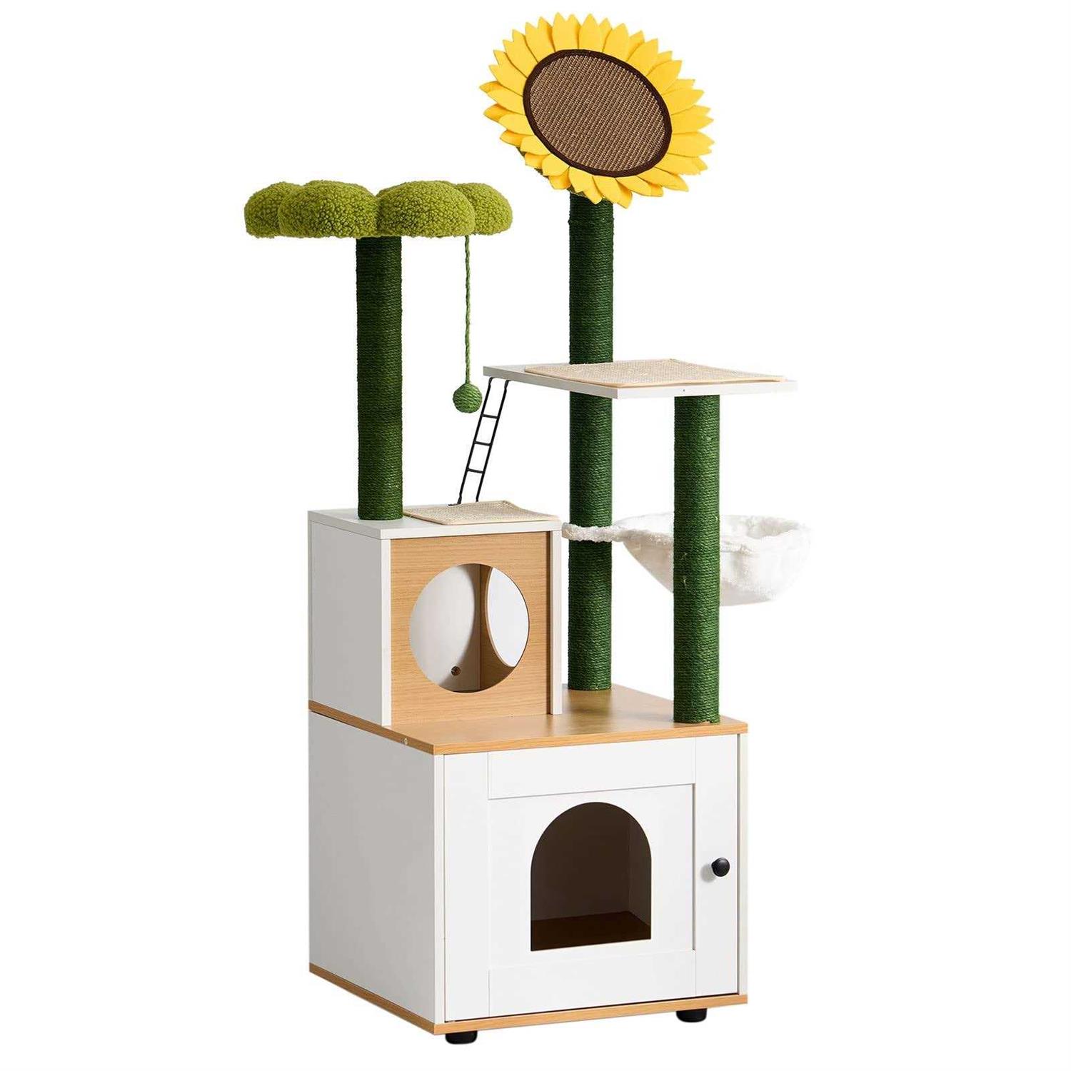 soges Cat Tree with Litter Box Enclosure, Hidden Cat Washroom with Scratching Posts, Cat Tree Tower with Cat Condo and Hammock