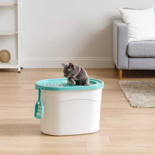 IRIS USA Large Round Top Entry Cat Litter Box & Scoop, White/Green